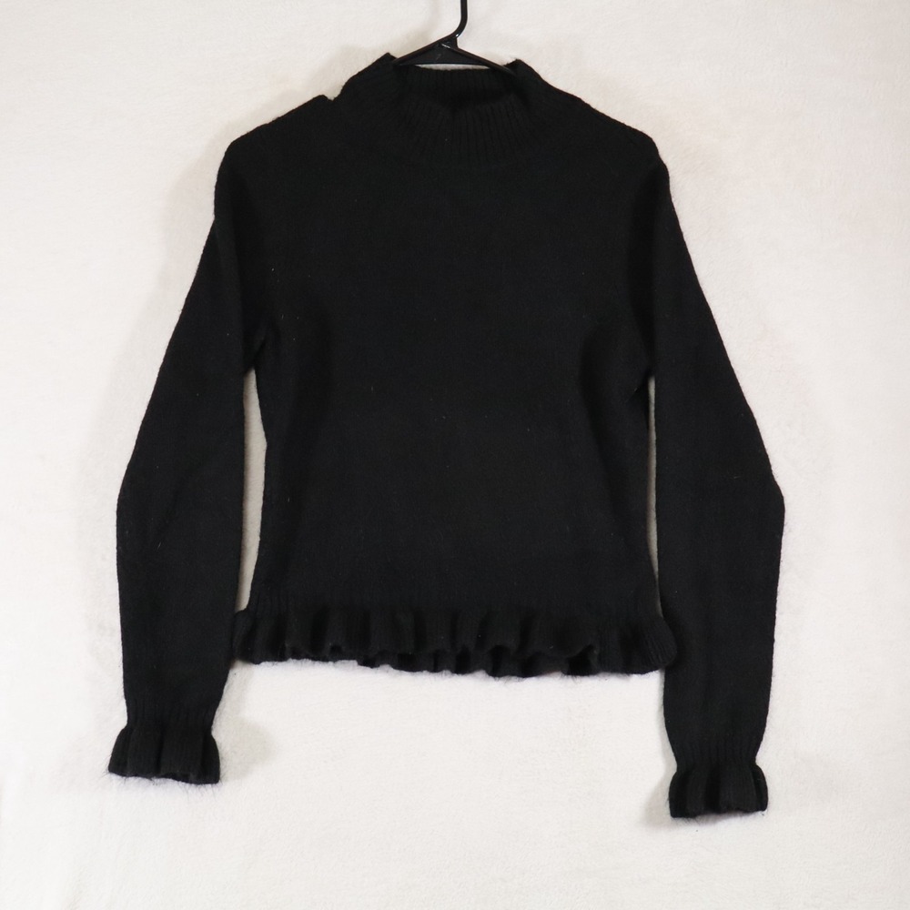BCBG Paris Cropped Mock Neck Ruffle Hem & Cuff Sweater Size M Black Fitted